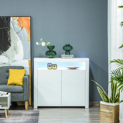 2-Door Sideboard with LED Light, High Gloss Lighted Storage Cabinet with Shelves