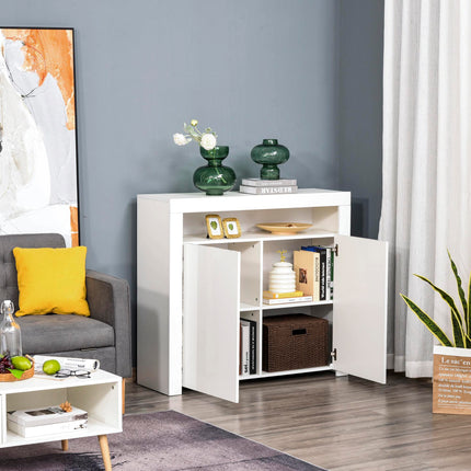 2-Door Sideboard with LED Light, High Gloss Lighted Storage Cabinet with Shelves