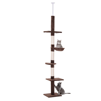 5-Tier Adjustable Floor to Ceiling Cat Tree 230-260cm with Scratching Post - Brown