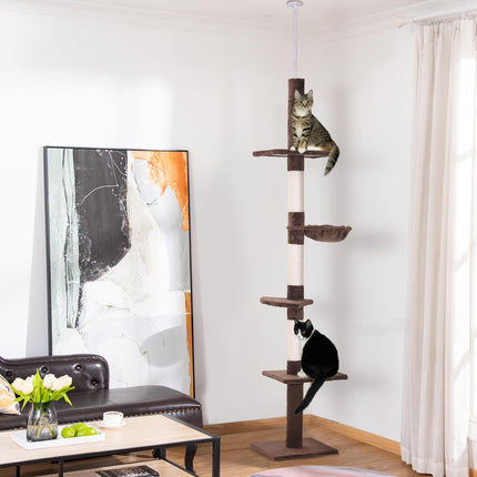 5-Tier Adjustable Floor to Ceiling Cat Tree 230-260cm with Scratching Post - Brown