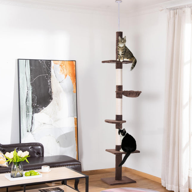 5-Tier Adjustable Floor to Ceiling Cat Tree 230-260cm with Scratching Post - Brown