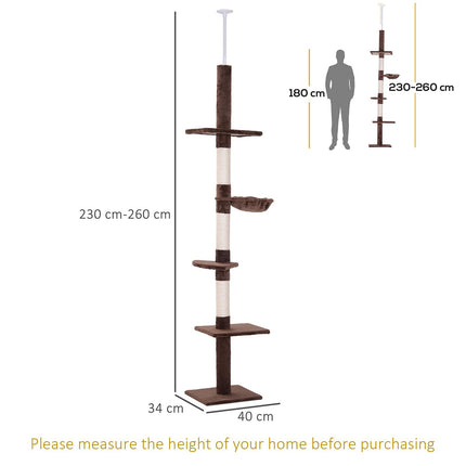 5-Tier Adjustable Floor to Ceiling Cat Tree 230-260cm with Scratching Post - Brown