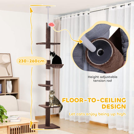 5-Tier Adjustable Floor to Ceiling Cat Tree 230-260cm with Scratching Post - Brown