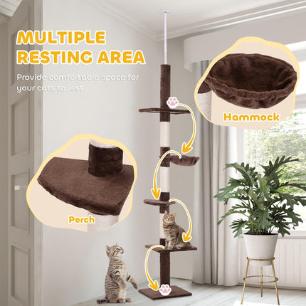 5-Tier Adjustable Floor to Ceiling Cat Tree 230-260cm with Scratching Post - Brown