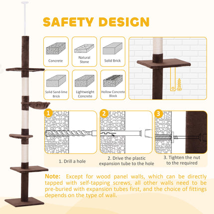 5-Tier Adjustable Floor to Ceiling Cat Tree 230-260cm with Scratching Post - Brown