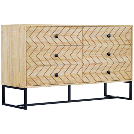 6 Drawer Chest Sideboard Cabinet with Zig Zag Design and Black Metal Handles Anti-Tip 71x120cm - Natural Wood