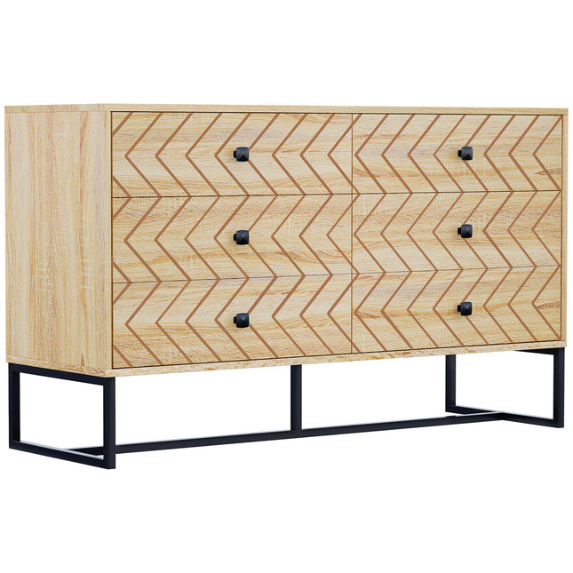 6 Drawer Chest Sideboard Cabinet with Zig Zag Design and Black Metal Handles Anti-Tip 71x120cm - Natural Wood