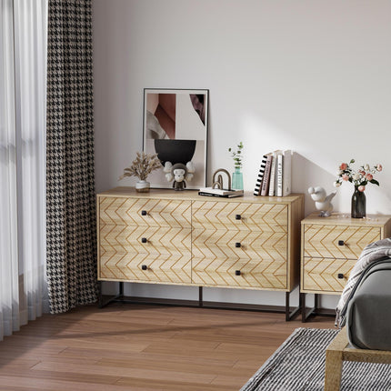 6 Drawer Chest Sideboard Cabinet with Zig Zag Design and Black Metal Handles Anti-Tip 71x120cm - Natural Wood