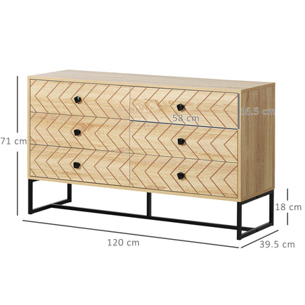 6 Drawer Chest Sideboard Cabinet with Zig Zag Design and Black Metal Handles Anti-Tip 71x120cm - Natural Wood