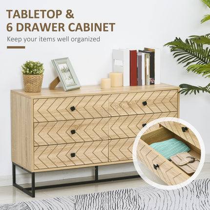 6 Drawer Chest Sideboard Cabinet with Zig Zag Design and Black Metal Handles Anti-Tip 71x120cm - Natural Wood