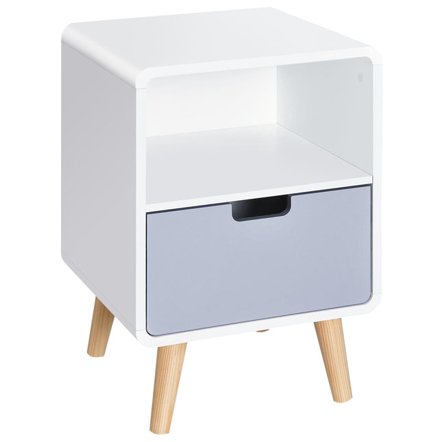 Scandinavian Style Pine Wood and MDF Bedside Table with Storage - White/Grey/Natural Wood