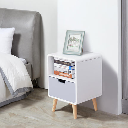 Scandinavian Style Pine Wood and MDF Bedside Table with Storage - White/Grey/Natural Wood