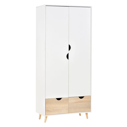 2-Door Wardrobe with Rail, Shelf & 2 Drawers on Wood Feet for Clothes & Storage - White