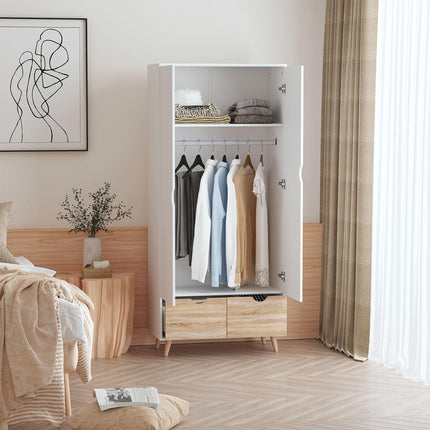 2-Door Wardrobe with Rail, Shelf & 2 Drawers on Wood Feet for Clothes & Storage - White