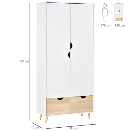 2-Door Wardrobe with Rail, Shelf & 2 Drawers on Wood Feet for Clothes & Storage - White