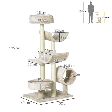 Plush Cat Tree 50Lx40Wx105H cm with Scratching Posts and Perches - Beige