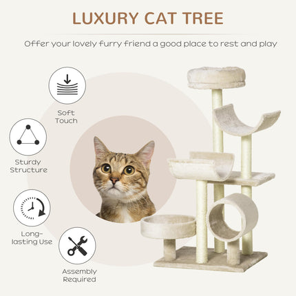 Plush Cat Tree 50Lx40Wx105H cm with Scratching Posts and Perches - Beige