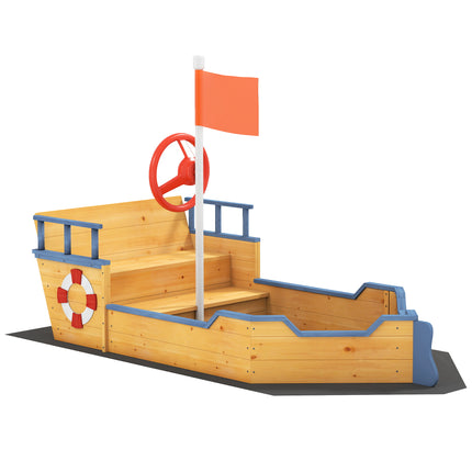 Kids Wooden Pirate Ship Sandpit Sandbox Playset with Bench and Bottom Liner - Natural Wood