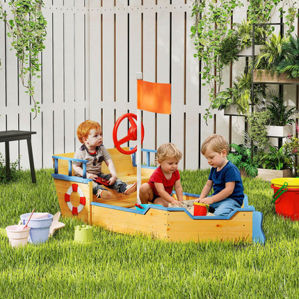Kids Wooden Pirate Ship Sandpit Sandbox Playset with Bench and Bottom Liner - Natural Wood