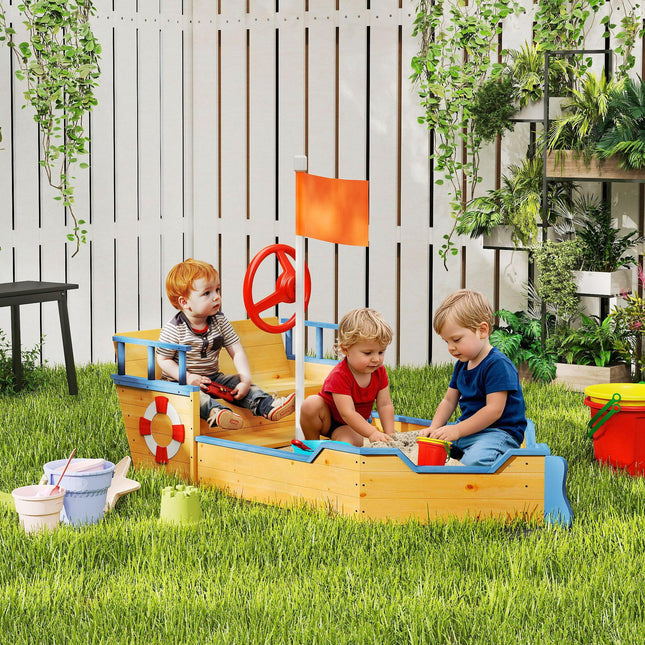 Kids Wooden Pirate Ship Sandpit Sandbox Playset with Bench and Bottom Liner - Natural Wood