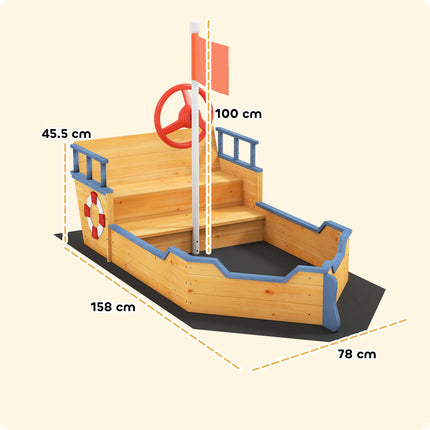 Kids Wooden Pirate Ship Sandpit Sandbox Playset with Bench and Bottom Liner - Natural Wood