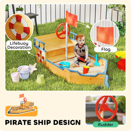 Kids Wooden Pirate Ship Sandpit Sandbox Playset with Bench and Bottom Liner - Natural Wood