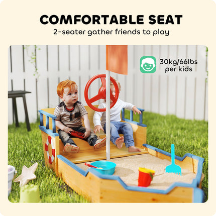 Kids Wooden Pirate Ship Sandpit Sandbox Playset with Bench and Bottom Liner - Natural Wood