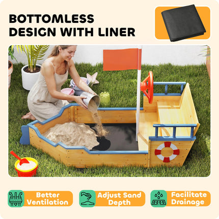 Kids Wooden Pirate Ship Sandpit Sandbox Playset with Bench and Bottom Liner - Natural Wood