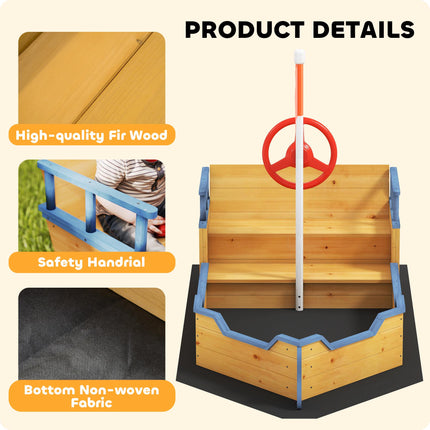 Kids Wooden Pirate Ship Sandpit Sandbox Playset with Bench and Bottom Liner - Natural Wood