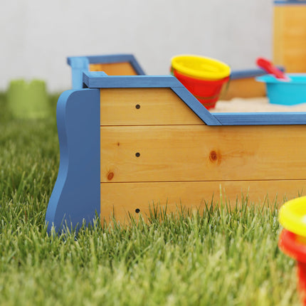 Kids Wooden Pirate Ship Sandpit Sandbox Playset with Bench and Bottom Liner - Natural Wood
