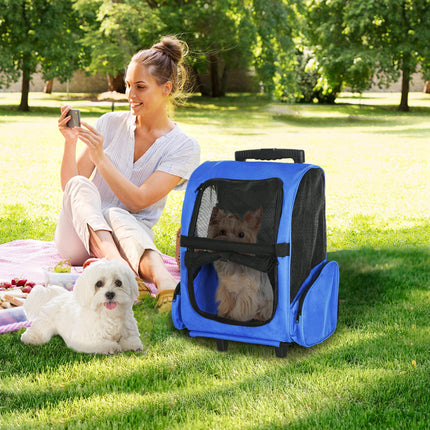 Pet Carrier Travel Backpack with Trolley Wheels and Telescopic Handle 42x25x55 cm - Blue