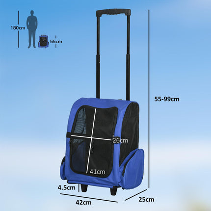 Pet Carrier Travel Backpack with Trolley Wheels and Telescopic Handle 42x25x55 cm - Blue