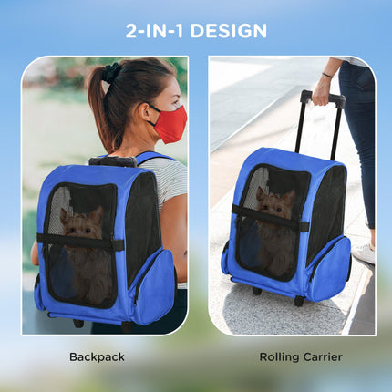 Pet Carrier Travel Backpack with Trolley Wheels and Telescopic Handle 42x25x55 cm - Blue