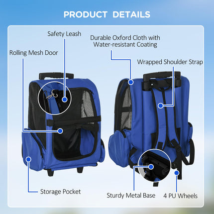 Pet Carrier Travel Backpack with Trolley Wheels and Telescopic Handle 42x25x55 cm - Blue