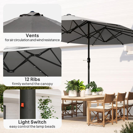 4.4m Double-Sided Garden Parasol with Solar LED Lights - Dark Grey