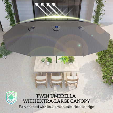 4.4m Double-Sided Garden Parasol with Solar LED Lights - Dark Grey