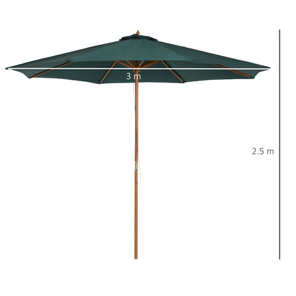 3 Metre Wooden Patio Umbrella with Pulley and Tilt Mechanism - Dark Green