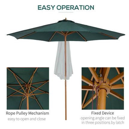 3 Metre Wooden Patio Umbrella with Pulley and Tilt Mechanism - Dark Green