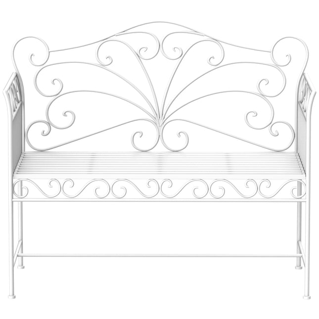 Garden 2 Seater Metal Outdoor Bench with Decorative Backrest - White