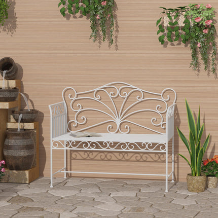 Garden 2 Seater Metal Outdoor Bench with Decorative Backrest - White