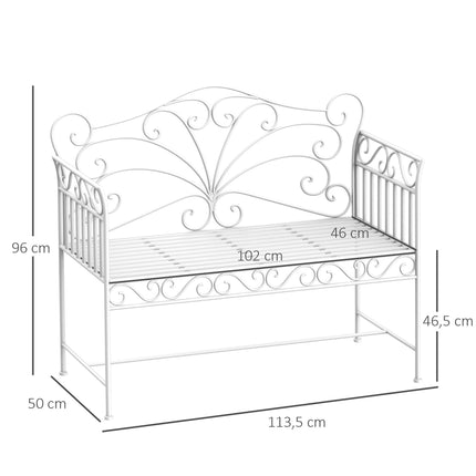 Garden 2 Seater Metal Outdoor Bench with Decorative Backrest - White