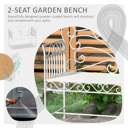 Garden 2 Seater Metal Outdoor Bench with Decorative Backrest - White