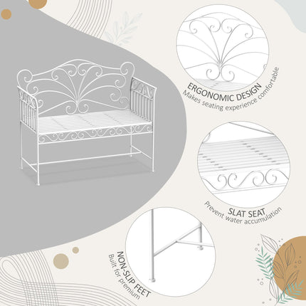 Garden 2 Seater Metal Outdoor Bench with Decorative Backrest - White