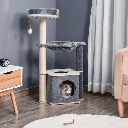 95cm Cat Tree Tower with Sisal Scratching Post, Condo & Hammock - Grey