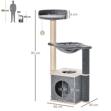 95cm Cat Tree Tower with Sisal Scratching Post, Condo & Hammock - Grey