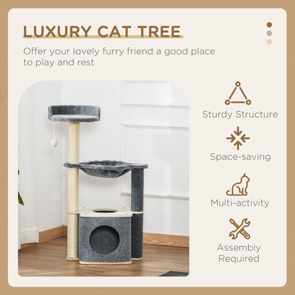 95cm Cat Tree Tower with Sisal Scratching Post, Condo & Hammock - Grey
