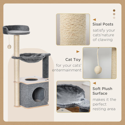 95cm Cat Tree Tower with Sisal Scratching Post, Condo & Hammock - Grey