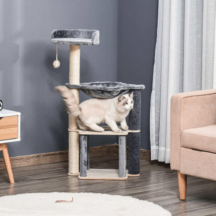 95cm Cat Tree Tower with Sisal Scratching Post, Condo & Hammock - Grey
