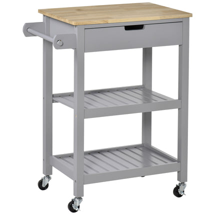 Kitchen Trolley Utility Cart with Rubberwood Worktop, Drawer, Shelves & Towel Rack - Grey