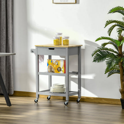 Kitchen Trolley Utility Cart with Rubberwood Worktop, Drawer, Shelves & Towel Rack - Grey